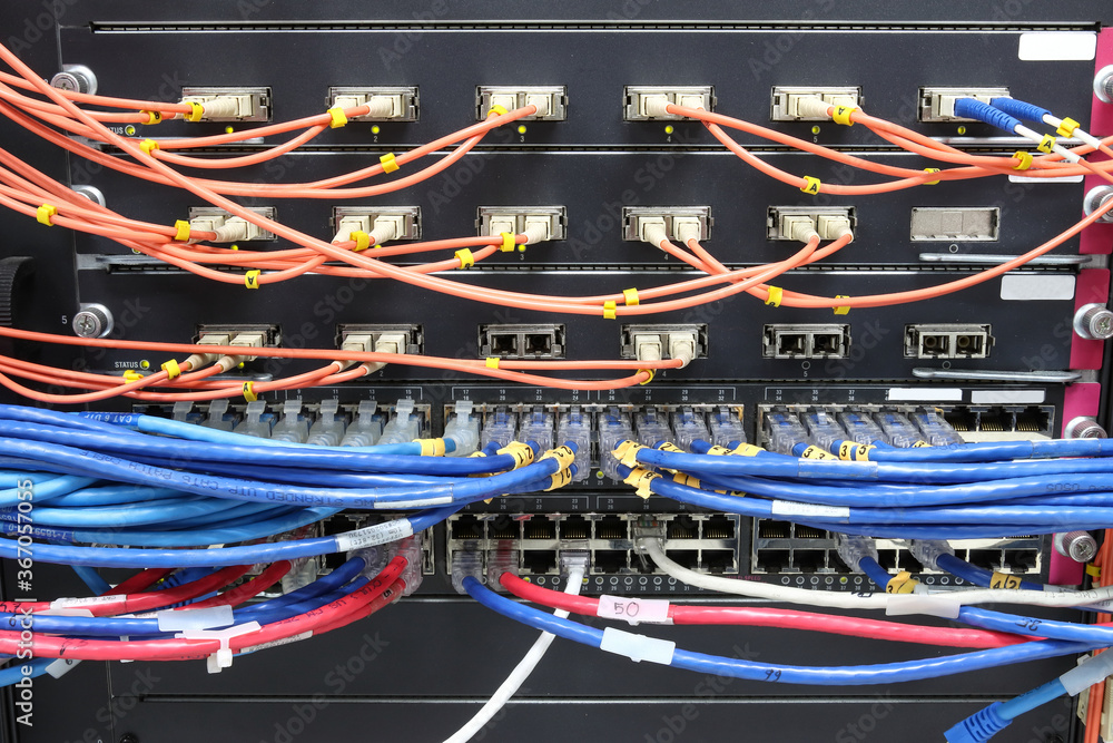 cable network, fiber optic cable connect to switch port in server room