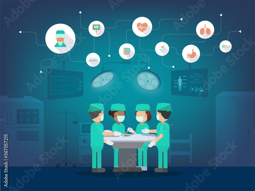 Surgeon team with medical icons