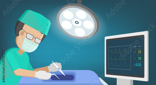 Surgeon with monitor in surgery room flat design vector illustration