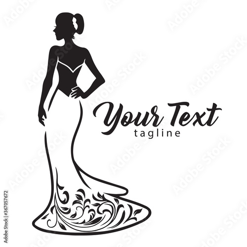 Elegant Wedding Bridal Wear Fashion Boutique Logo. Gown Sexy Dress Design Vector Line Illustration