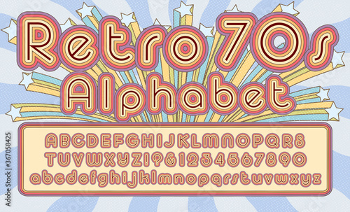 Retro 1970s Font Alphabet Design; This Brightly Colored Striped Lettering is in a Classic Rounded Early Seventies Style.