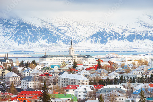 Reykjavik the Capital city of Iceland in winter view from above