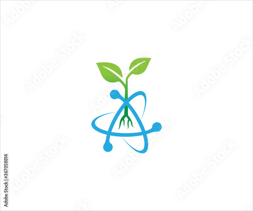 a plant sprout from atom nucleus with its electron trajectory for biology agriculture technology laboratory vector logo design