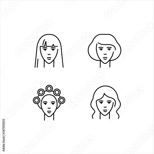 Women's hairstyles. Perm, styling, straightened hair. A set of vector icons in the outline style, isolated on a white background. Logo illustration.