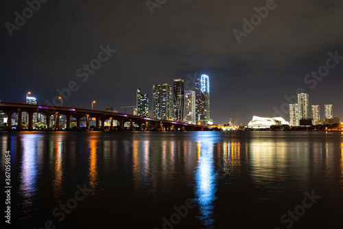 Miami downtown. Miami Florida  sunset panorama with colorful illuminated business and residential buildings and bridge on Biscayne Bay.