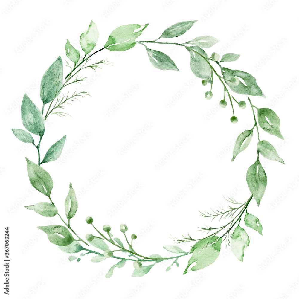 Naklejka Wreath, leaves frame, watercolor leaf, Illustration hand painted. Isolated on white background. Perfectly for greeting card design.