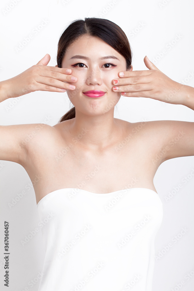 Bust portrait of female bath towel with light makeup