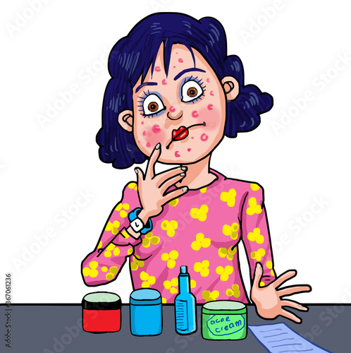 The stress girl with an acne problem. Girl trying to try many products to cure her skin but her problem not solve.