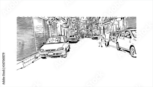Building view with landmark of Abbottabad is the capital city of Abbottabad District in the Hazara region of eastern Khyber Pakhtunkhwa, Pakistan. Hand drawn sketch illustration in vector.