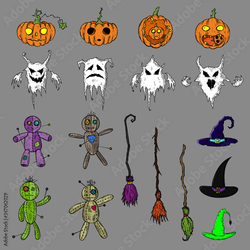 Set of Halloween illustrations. Vector. Isolated objects. Hand-drawn.