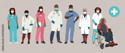 African American Doctor and Nurse Wearing Face Mask and Medical Gloves. Medical people profession modern vector flat illustration. Doctor and hospital staff cartoon characters