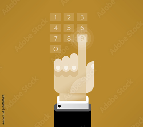 Businessman hand touching virtual number keyboard. Concepts: PIN security password, ATM keyboard, mobilу smartphone dialling calling number