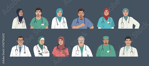 Medical Characters. Middle Eastern Medics. Arab doctors and nurses portraits, team of doctors concept. Muslim modern flat vector concept digital people vector illustration