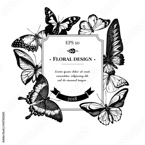 Badge design with black and white red lacewing, wallace's golden birdwing, purple spotted swallowtail, great orange-tip, emerald swallowtail, plain tiger, rajah brooke's birdwing, swallowtail