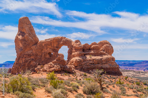 Window Arches under Blue Skies in Arches National Park, Utah