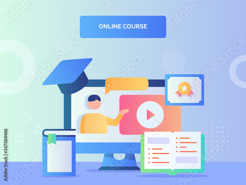 Man talk in video tutorial on computer screen background of open book certificate hat toga online course concept with flat style .