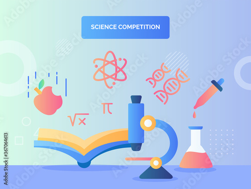Microscope in front open book pipette tube chemical background of dna atom icon apple bitten fall science competition with flat style.
