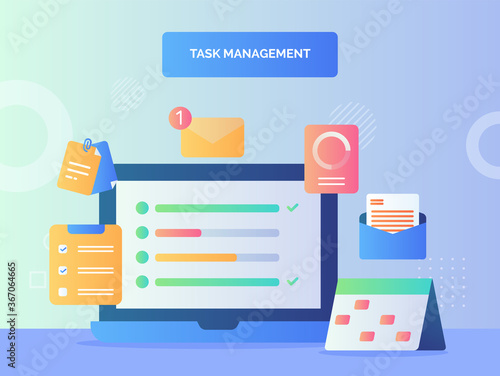 Text on computer screen background of calendar clipboard email notification task management concept with flat style