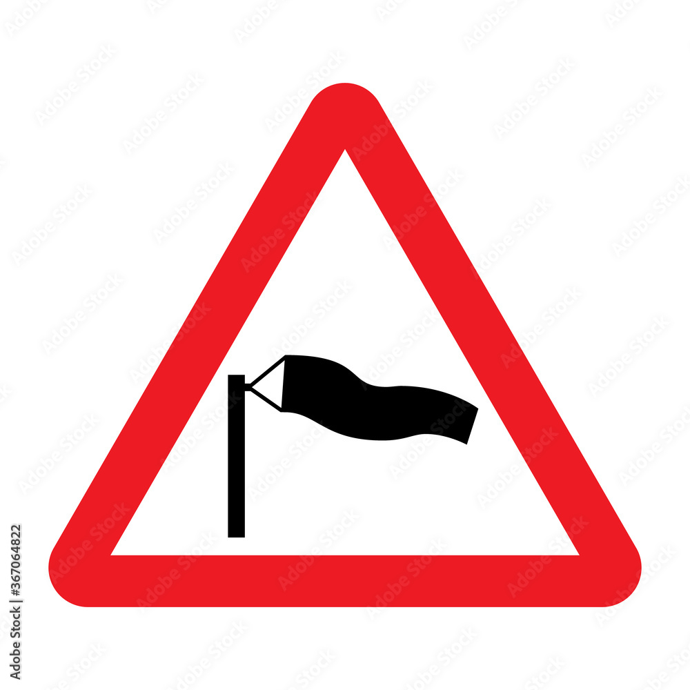 Side winds traffic sign. Vector illustration of red triangle warning road sign with windsock symbol inside. Sudden side cross winds likely ahead road. Side winds traffic sign. Vector illustration of red triangle warning road sign with windsock symbol inside. Sudden side cross winds likely ahead road.