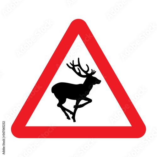 Deer crossing traffic sign. Vector illustration of red triangle warning road sign with deer icon inside. Wild forest animals likely to be in road ahead.