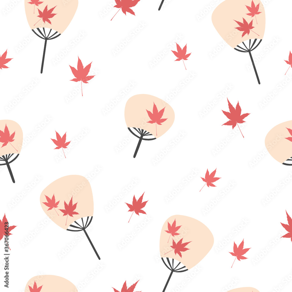 Vector seamless pattern with oriental cream fans and red maple leaves. White background