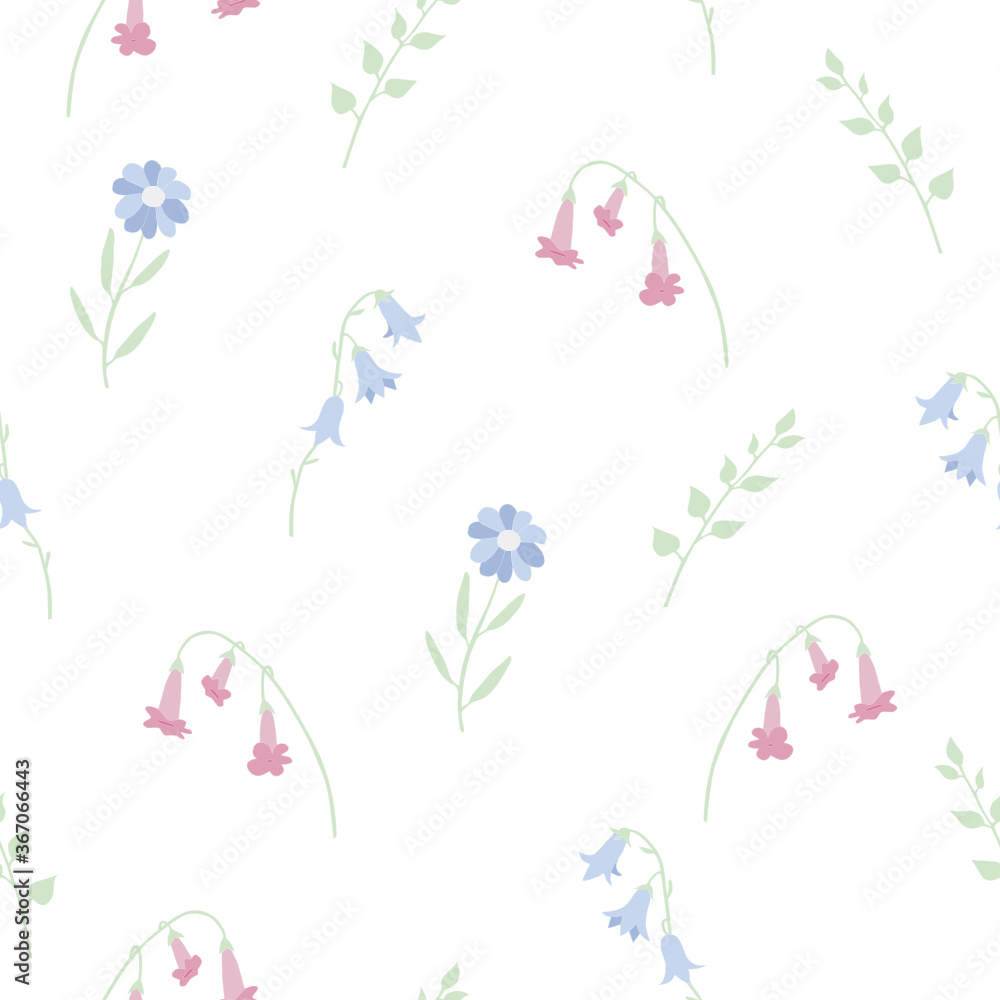 Vector seamless pattern with cute bell flowers, daisies and branches. Isolated, white background