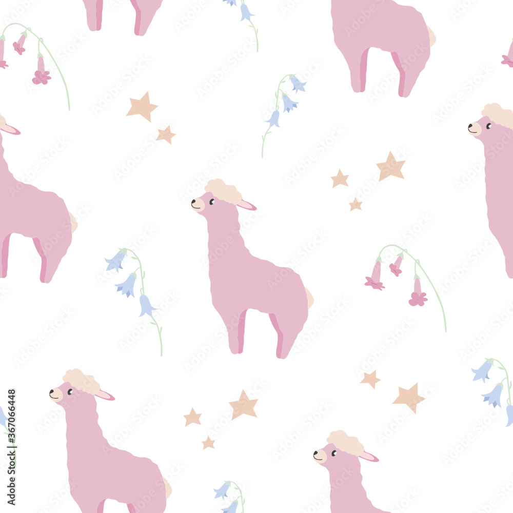 Vector seamless pattern with cute pink alpaca, stars and bell flowers. White background