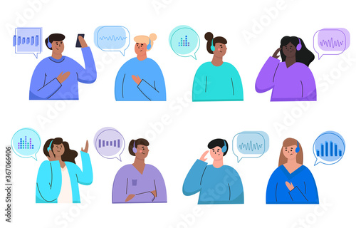 Podcast concept. Set of illustrations about podcasting. People listening to audio in headphones