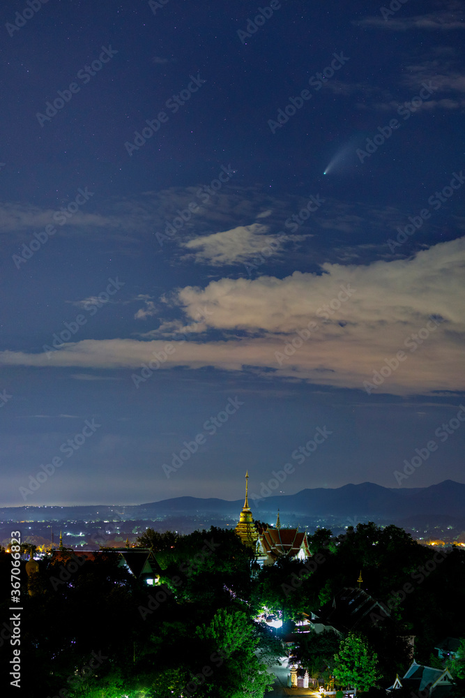 C / 2020 F3 comet (NEOWISE) at sunset with Chiang Mai City Thailand