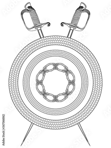 line art of two crossed swords and shield