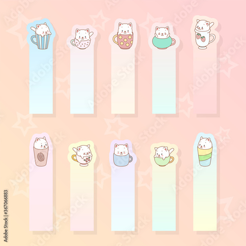  Kawaii notebook page template. Memo pad decorated with cups and little kittens. Cute school accessories. Can be used for scrapbooking, bullet journals, gift tags and bookmarks. Vector 10 ESP.