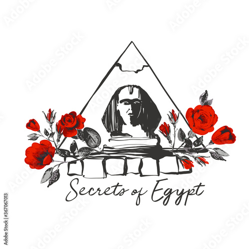 Sphinx roses and pyramid. Egypt symbol. Ancient line logo t-shirt design. Africa hand drawn vector illustration. Linear black sketch on white background.