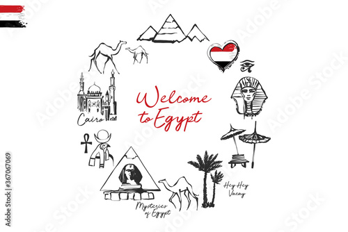 Egypt tourism illustration with round composition. Vintage hand drawn vector sketch. illustration. Ancient Egypt travel symbol, logo on circle. Cairo city mosque, pyramid, camel in desert.