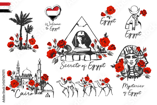 Egypt tourism illustration with flower roses blossom. Vintage hand drawn vector sketch. illustration. Ancient egypt travel symbol, logo on white background. Cairo city mosque, pyramid, pharaoh, sphinx