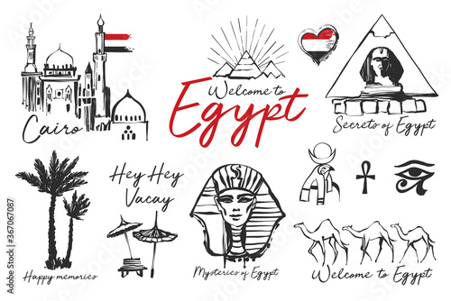 Egypt tourism illustration. Vintage hand drawn vector sketch. illustration. Ancient Egypt travel symbol, logo on white background. Cairo city mosque, pyramid, beach, camel in desert, pharaoh, sphinx