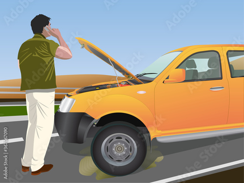 Vector illustration of man calling roadside assistance for breakdown vehicle