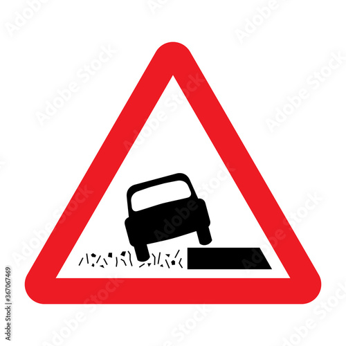 Soft verges traffic sign. Vector illustration of red triangle warning road sign isolated on white background. Slushy soft shoulder road.