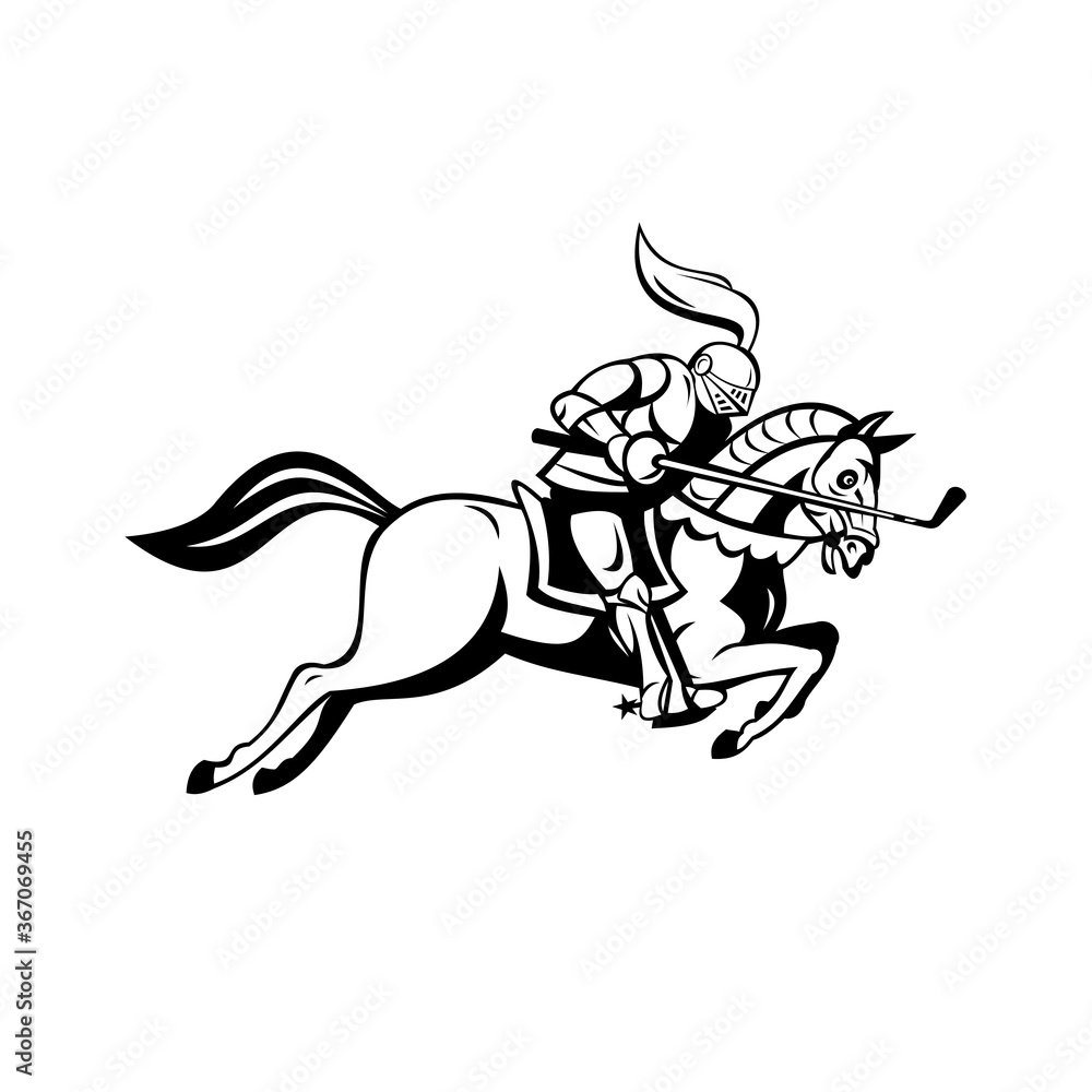 Knight Riding Horse With Golf Club as Lance Side Cartoon Retro Black and White Knight Riding Horse With Golf Club as Lance Side Cartoon Retro Black and White