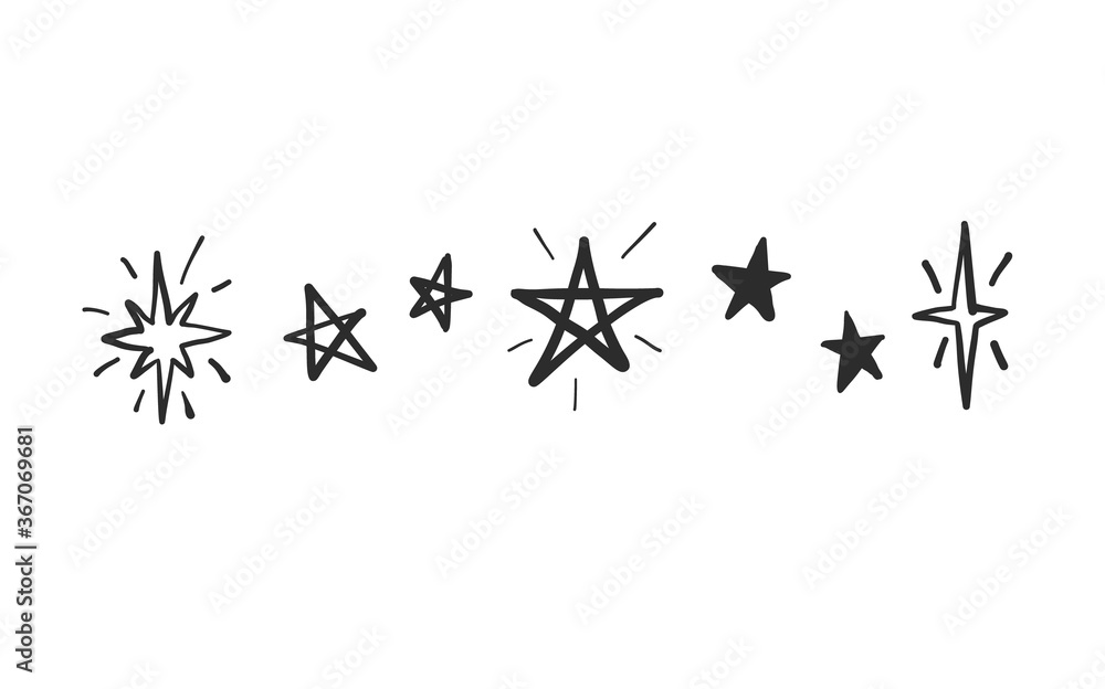 Sketch star, shine christmas magic black star icon. Black doodle on