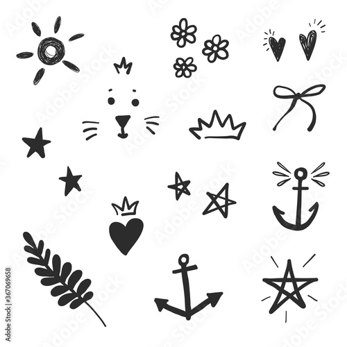 Kids funny elements: anchor, tiny flowers, crown, sketch star, shine star, shine heart, cat and crown, crown heart, black bow, sun, star, brunch. Black doodle on white background. Vector line sketch.