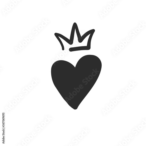 Crown heart. Simple icon. Black doodle on white background. Textile t-shirt design texture. Vector line sketch.