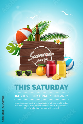 Summer party poster with smoothie or juice glasses. Beach party flyer with vintage board sign  mason jars with lemonade  mango  pineapple  palm tree leaves  umbrella  sunglasses and other elements.
