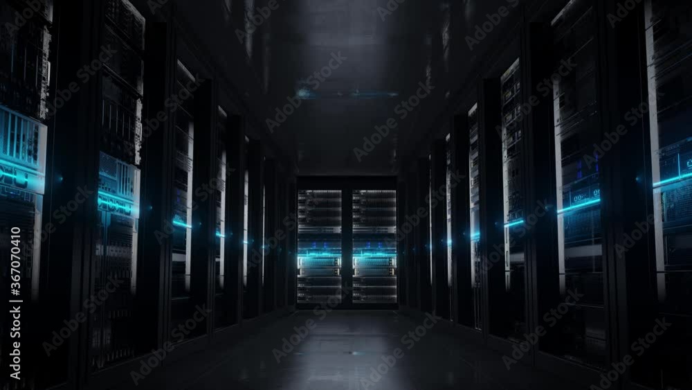 Cloud data server panels in a server room of a data center with security scanner. Dolly Shot in 4K High Quality Animation