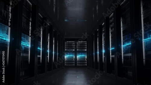 Cloud data server panels in a server room of a data center with security scanner. Dolly Shot in 4K High Quality Animation photo