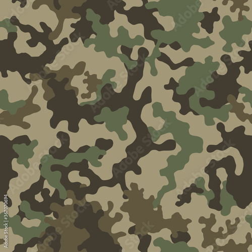 Camouflage pattern background seamless vector illustration. Classic clothing style masking camo repeat print. Green brown black olive colors forest texture. 