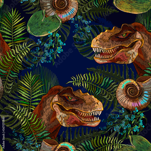 Archeology and paleontology background. Template for clothes, print. Prehistoric life of dinosaurs seamless pattern. Tyrannosaurus rex head, ammonite fossil and palm leaves