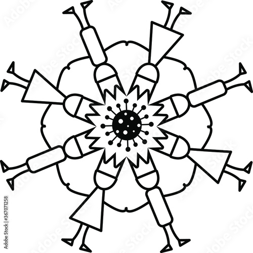 A group of eight people in crowns hold hands around the coronavirus, Men and women are standing nearby hands