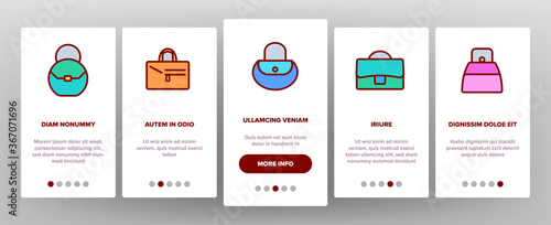 Women Bag Accessory Onboarding Mobile App Page Screen Vector. Fashion Women Bag Baguette And Bucket, Duffel And Hobo, Saddle And Shopper Illustrations