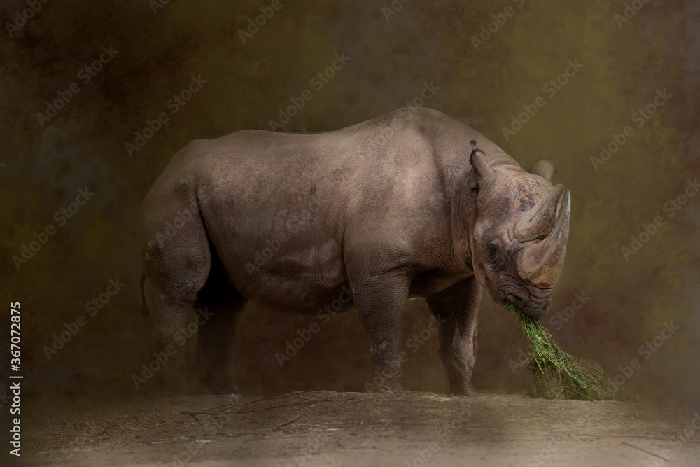 Naklejka premium a rhino eating green grass