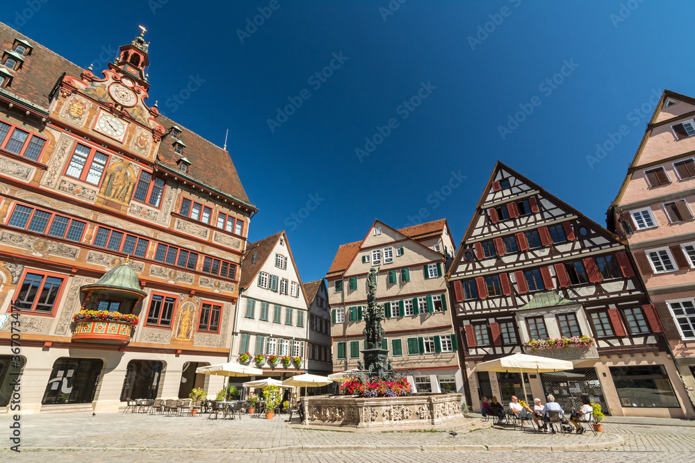 Fototapeta premium Historic buildings and town hall on the market square of the Southern German city of Tübingen
